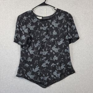 Vtg Andretta Donatello 100% Silk Black Floral Embellished SS Blouse Women's Lrg